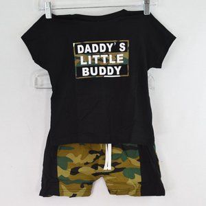 Brand Pat Pat, Size 3-4Y, Color Solid Black, Camo Pants, And White Lettering.